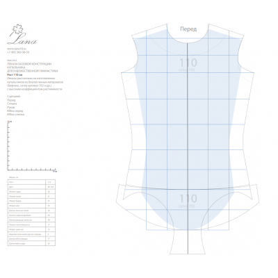 Лекала базовой конструкции гимнастического купальника. Рост 110см. PDF-файл + распечатанные лекала